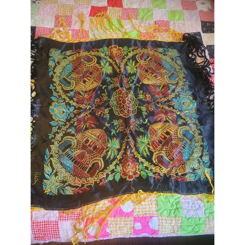 Vintage 1940s Taj Mahal Brocade Piano Shawl Scarf Fringe Souvenir Black Gold